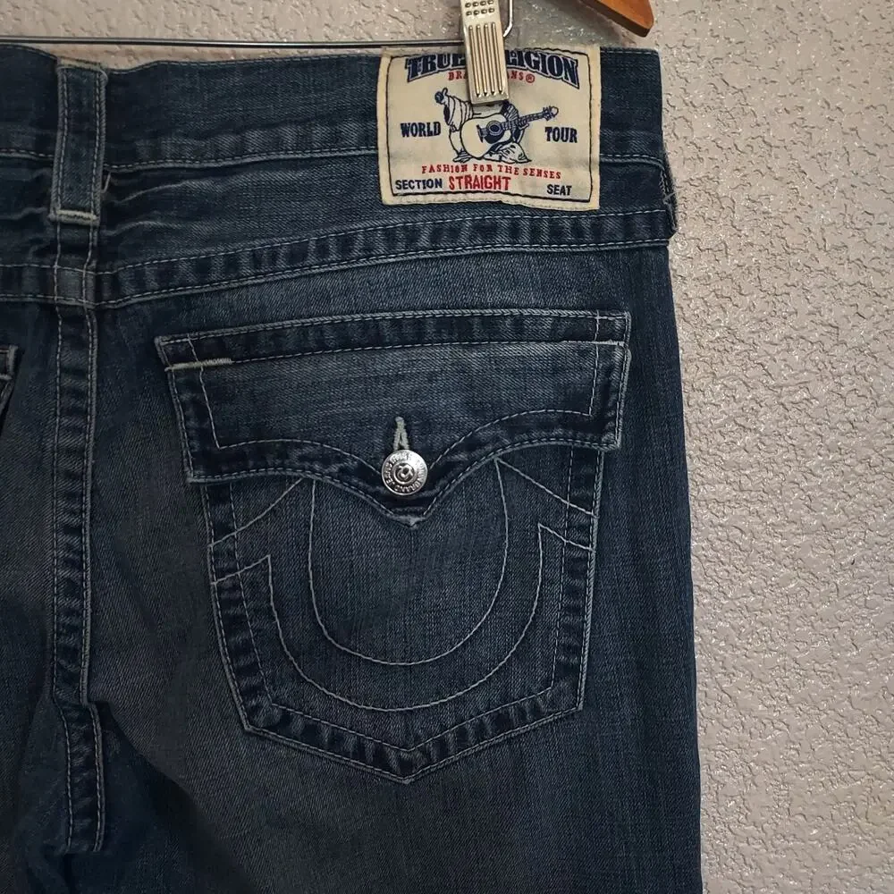 True Religion Distressed Straight Leg Blue Jeans Size 38